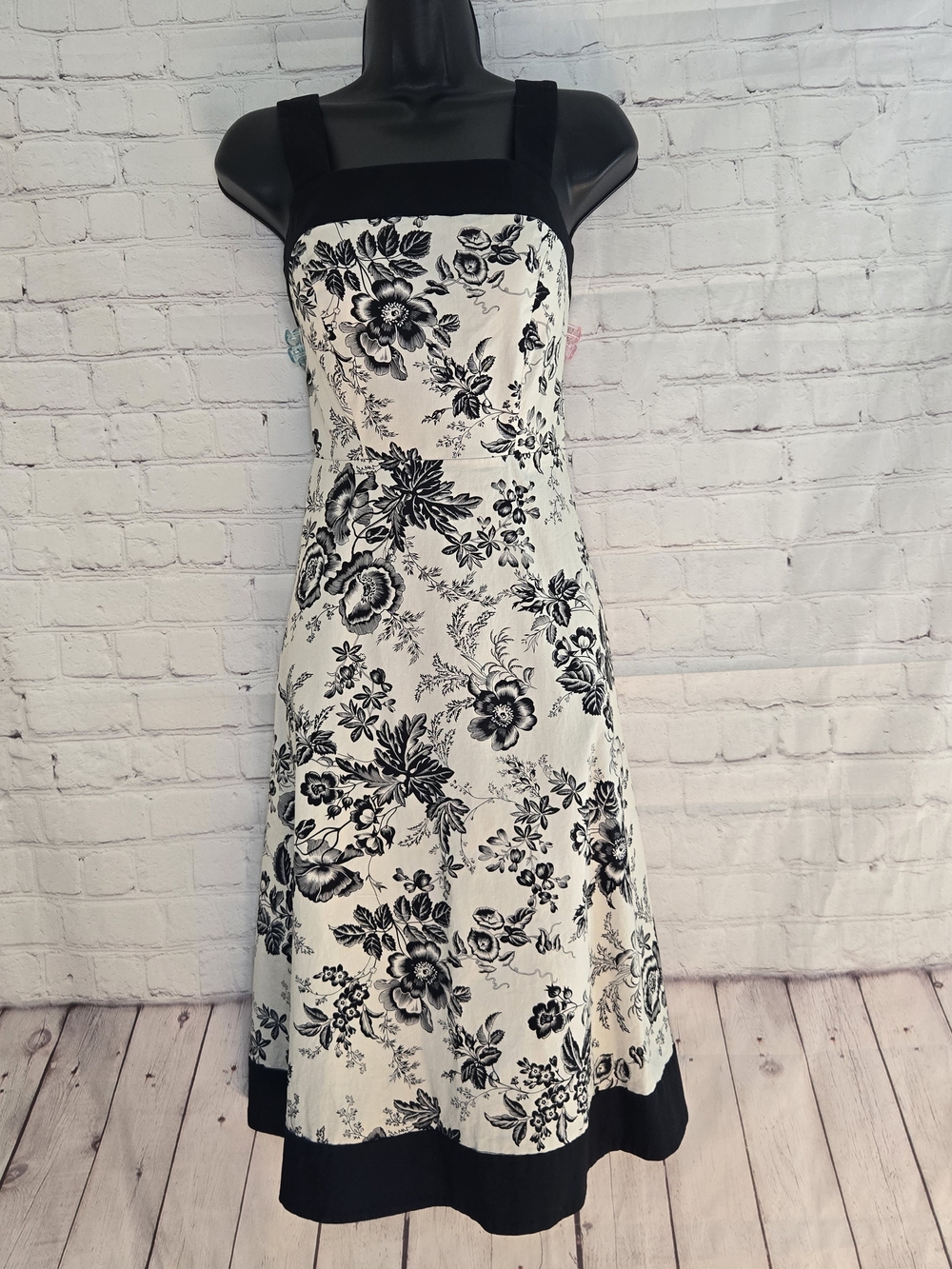 Y2k R&K Cotton Black Toile Floral Square-Neck Smock Back Midi Dress Sz 6 Garden‎